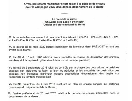 Arrêté préfectoral - période de chasse 2025-2026