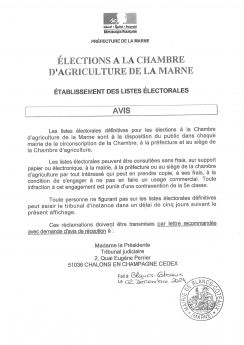 ELECTIONS A LA CHAMBRE D'AGRICULTURE DE LA MARNE - LISTES DEFINITIVES