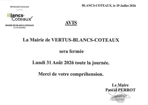 Fermeture exceptionnelle Mairie de Vertus