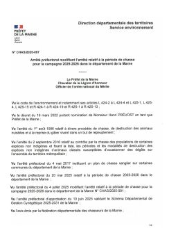 Arrêté préfectoral - période de chasse 2025-2026