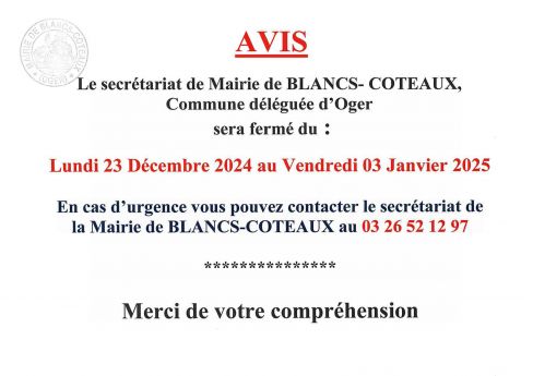 Fermeture exceptionnelle Mairie d'Oger