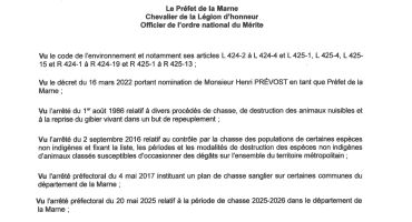 Arrêté Préfectoral - période de chasse 2025-2026